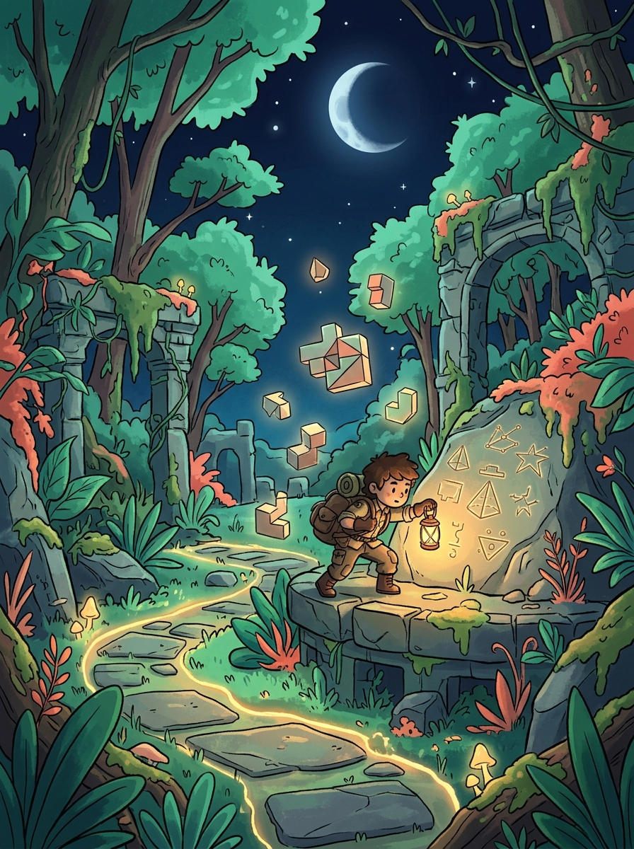 Concept art for Pathfinders: Explorer discovering glowing symbols in ancient forest ruins