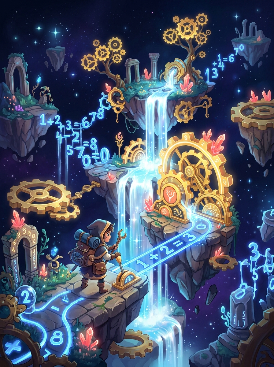 Concept art for Skyward Academy: Character solving puzzles on floating islands